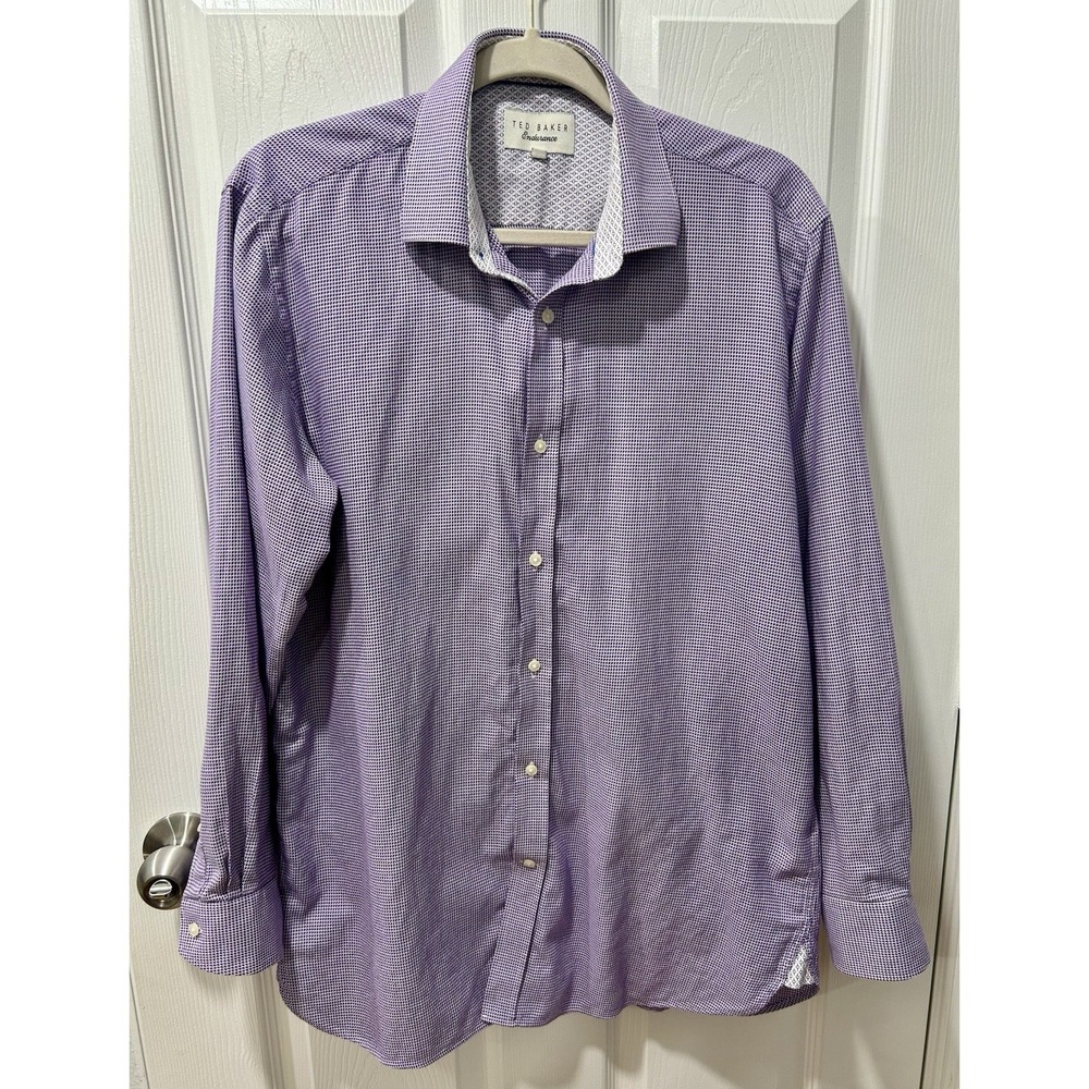 Ted Baker Endurance‎ Men's Button Shirt Size 16 Flip Contrast Cuff Purple White